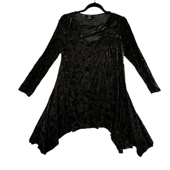 Velvet Floral Burnout Asymmetric Tunic NWT Cut Out Long Sleeve Black Sheer Med - Picture 3 of 10